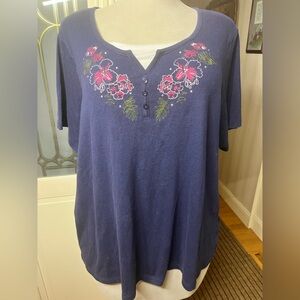 IB Diffusion Embroidered Floral Top 3X Navy Boho Plus Size Shirt